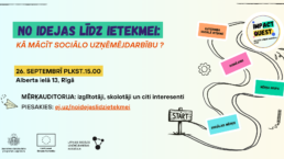 Uzraksts: No idejas līdz ieteikmei: kā mācīt sociālo uzņēmējdarbību? 26.septembrī pulksten 15.00, Alberta ielā 13, Rīgā. Mērķauditorija: izglītotāji, skolotāji un citi interesenti. Piesakies: un saite uz reģistrācijas anketu. Apakšā ir dažādi logo. Pa labi ir grafisks zīmējums ar ceļu un ceļazīmēm.