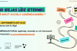 Uzraksts: No idejas līdz ieteikmei: kā mācīt sociālo uzņēmējdarbību? 26.septembrī pulksten 15.00, Alberta ielā 13, Rīgā. Mērķauditorija: izglītotāji, skolotāji un citi interesenti. Piesakies: un saite uz reģistrācijas anketu. Apakšā ir dažādi logo. Pa labi ir grafisks zīmējums ar ceļu un ceļazīmēm.