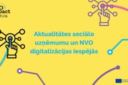 Uzraksts: aktualitātes sociālo uzņēmumu un NVO digitalizācijas iespējās. Do Impact Latvia un ES logo. Koši dzeltens fons un zilas, violetas un rozā mākslinieciskas līnijas.