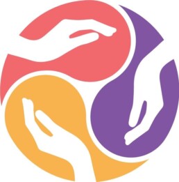 3 krāsu aplis, kurā redzzamas rokas.