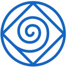 Zils aplis, kurā iekšā ir rombs un tajā iekšā ir saritināts ritulis.