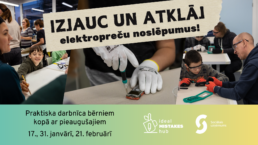 Uzraksts: izjauc un atklāj elektropreču noslēpumus! Fonā cilvēki ar darba piederumiem jauc vaļā elektroniskās ierīces